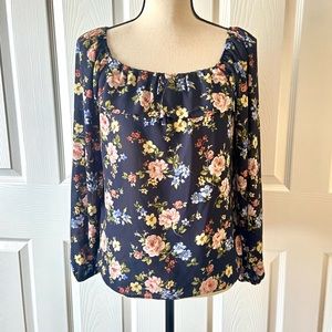 Dunnes Navy Floral Balloon Sleeve Peasant Crop Blouson Top Size 8